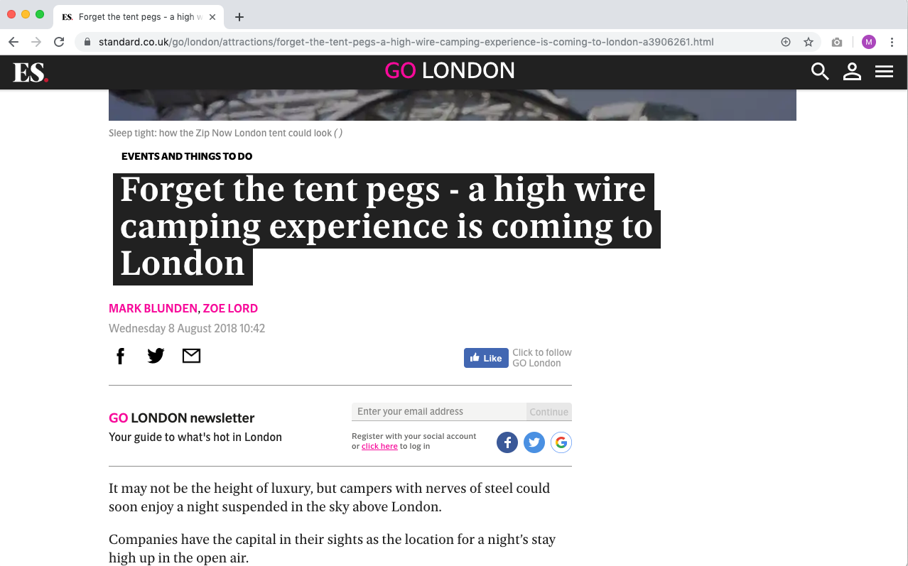 August 8, 2018 — The Evening Standard om vores planer om at gøre 'Camp The Night' internationalt